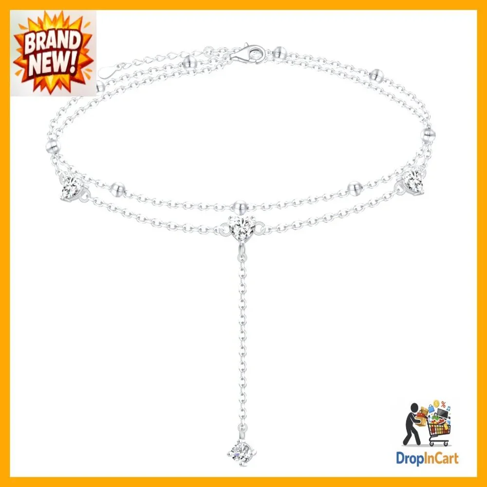 Sterling Silver Anklet Dainty Beaded Chain Adjustable Heart CZ Elegant Minimal